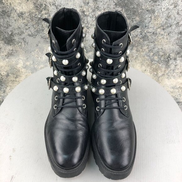 Zara Women's EU 39 Basic Collection Black Pearl Studded Lace-Up Combat Boots - Picture 3 of 15